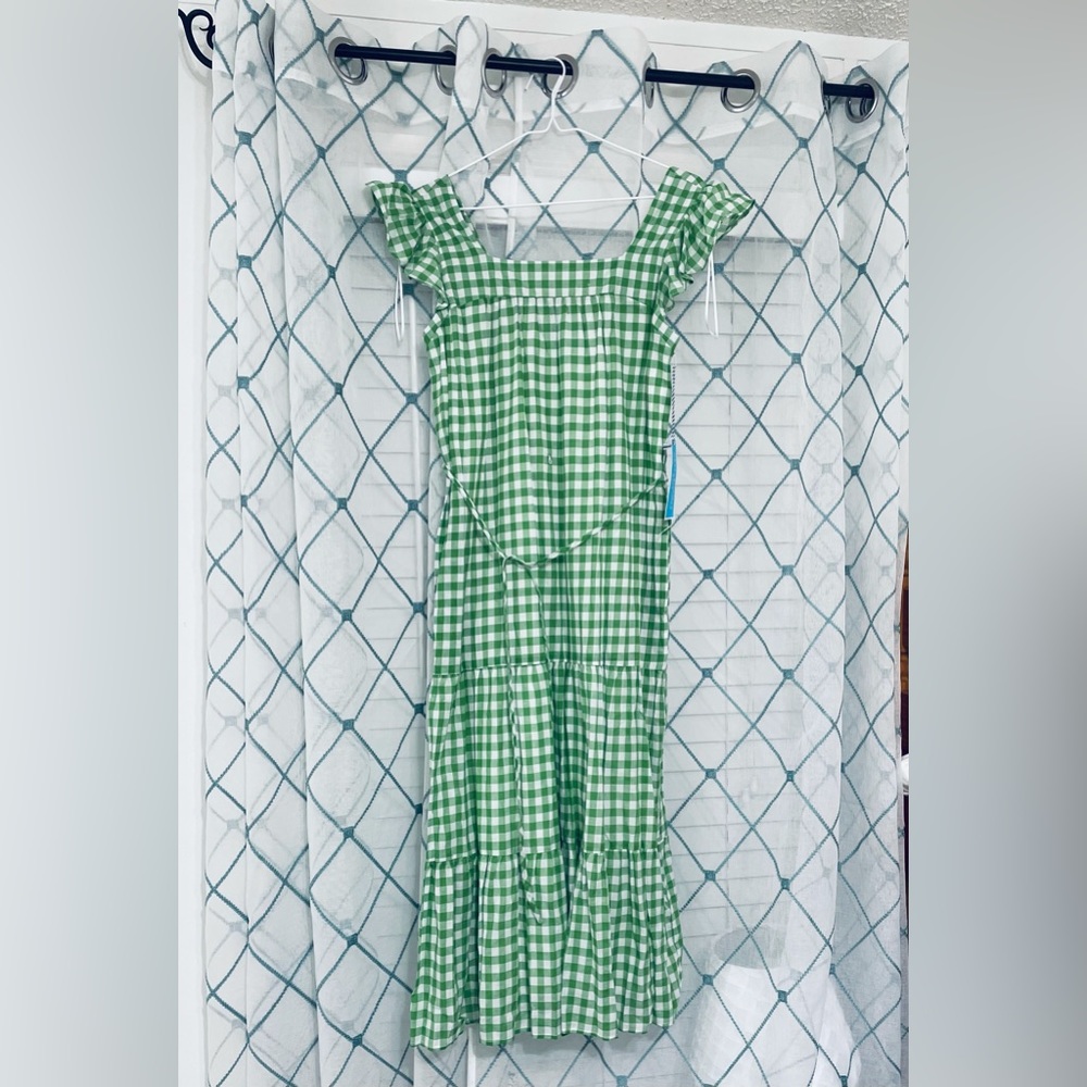Green and White plaid summer midi dress